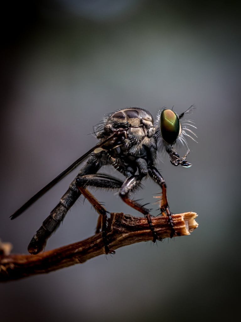 Close-up of an Ommatidius type robber fly perched on a branch, showcasing its detailed exoskeleton and compound eyes.